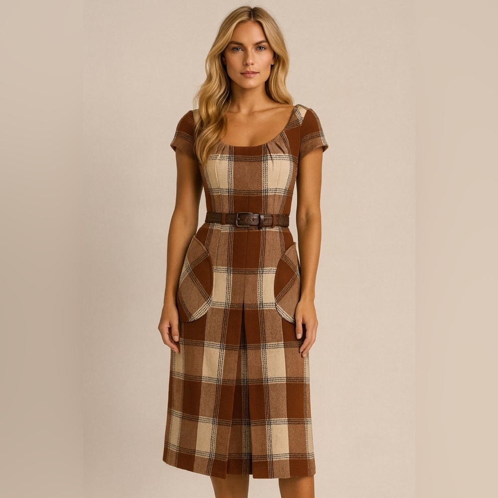 Vintage L.A.M.B Gwen Stefani Wool Plaid Midi Dress Silk Lined Leather Belt 4 6​